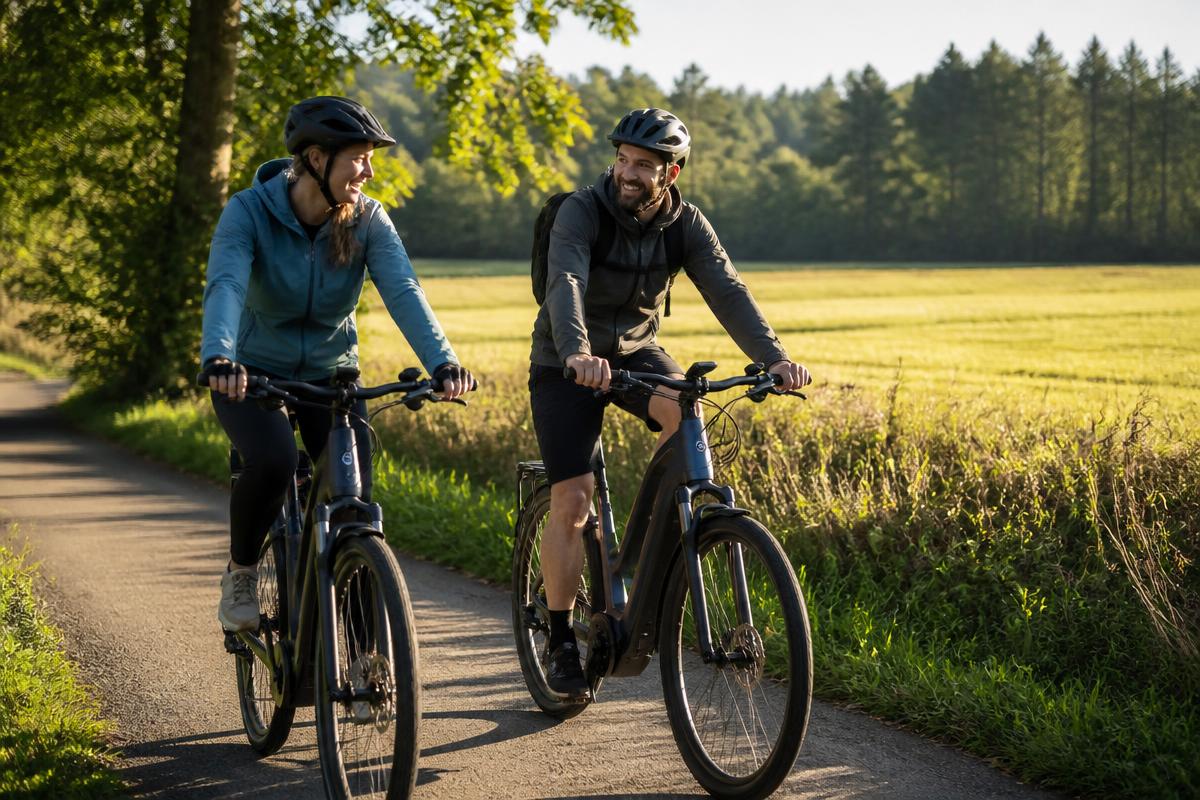 Deux cyclistes en vélo à assistance électrique sur une route de campagne
